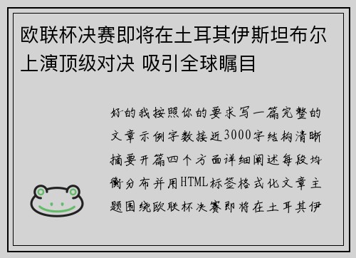 欧联杯决赛即将在土耳其伊斯坦布尔上演顶级对决 吸引全球瞩目 欧联杯决赛即将在土耳其伊斯坦布尔上演顶级对决 吸引全球瞩目